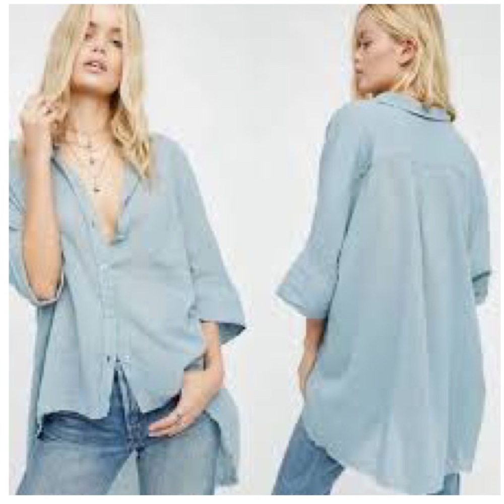 FREE PEOPLE Best of Me Blue Button Front Waterfall Top High-Low Raw Hem Blouse - Picture 16 of 16